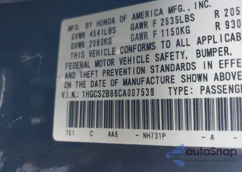 2012 Honda Accord 3.5 Ex-L from USA, damaged, VIN 1HGCS2B86CA007539